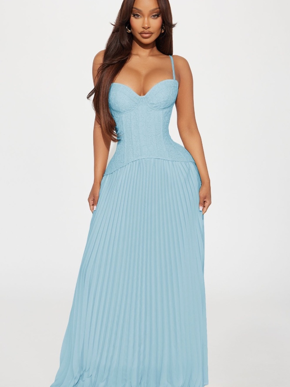 Daniella Lace Corset Pleated Maxi Dress - Light Blue